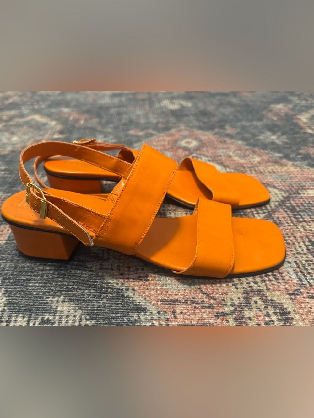 1960s Vintage Pappagallo Leather Orange Slingback Block Heel Sandals, Size 7